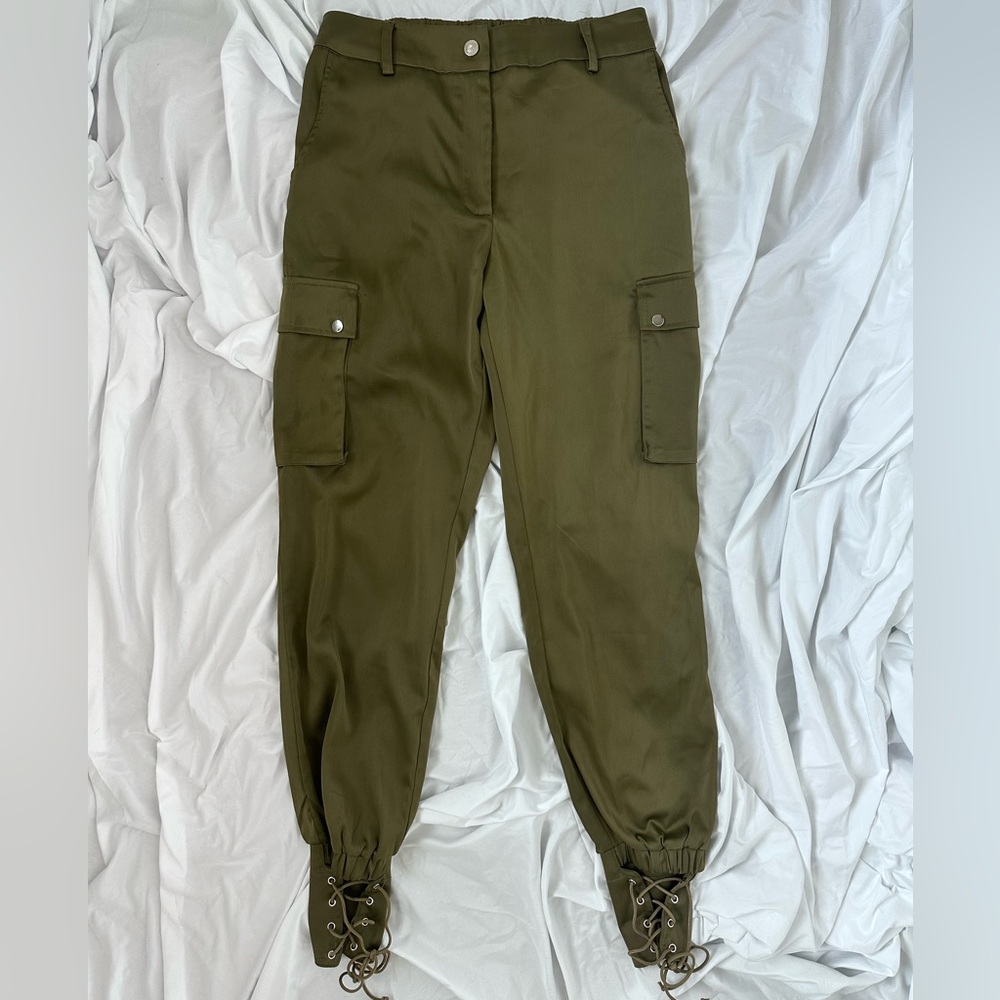 Olive Satin Cargo Pants with Lace Up Details